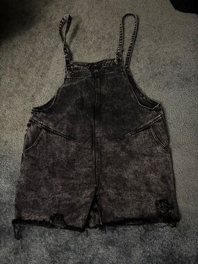 POL Black Washed Denim Short Overalls